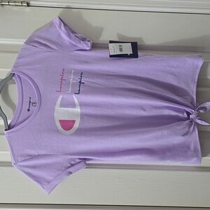 CHAMPION BRAND GIRLS SHORT SLEEVE PURPLE TEE WITH KNOTTED FRONT WAIST SIZE LARGE